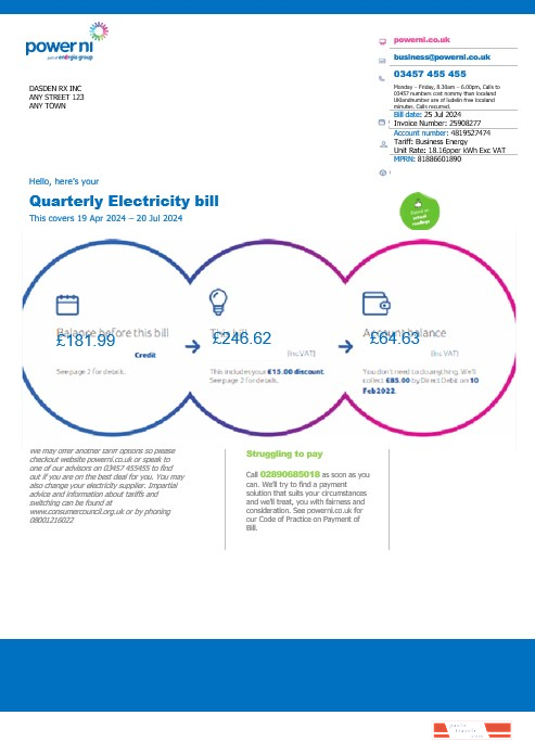 United Kingdom Power Ni business utility bill Word and PDF template PSD template